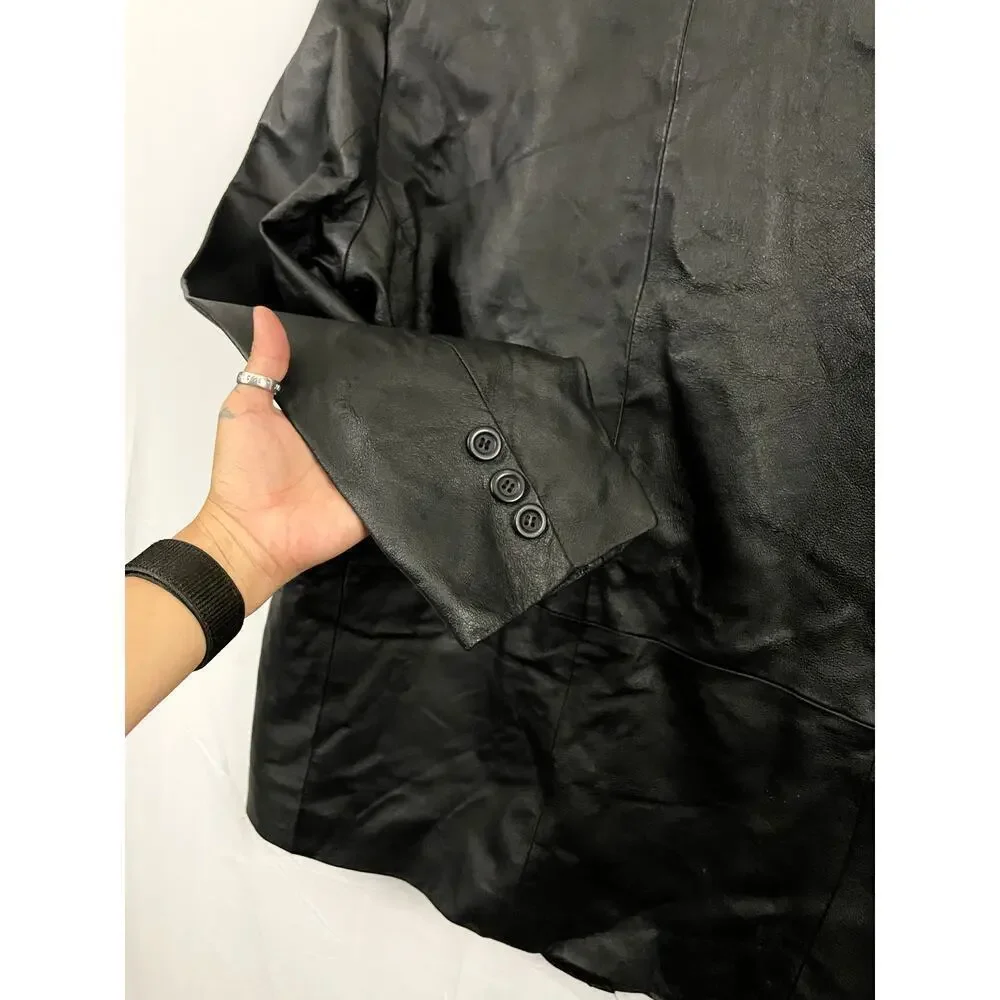 VTG Black Genuine Leather Jacket LARGE Lined Button Collar Lucky Leather Company